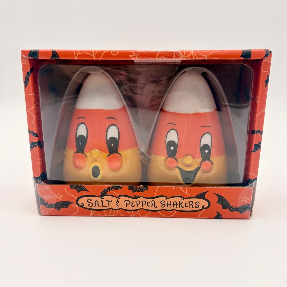 Johanna Parker Halloween Candy Corn Salt and Pepper Shaker Set Ceramic New Box